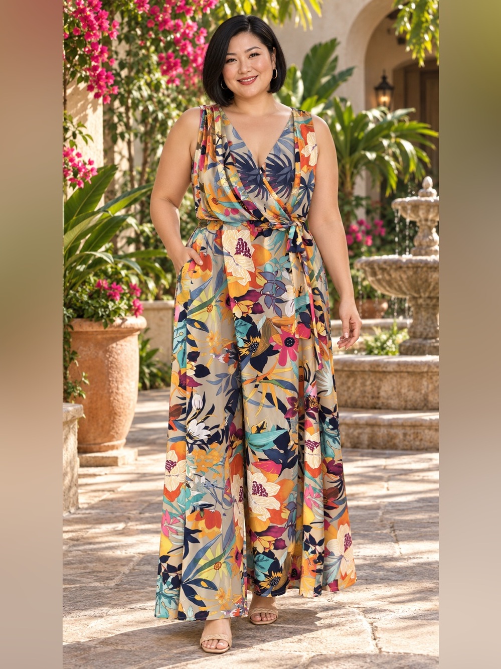 Nina Leonard 2X Tropical Floral Surplice Wide-Leg Jumpsuit